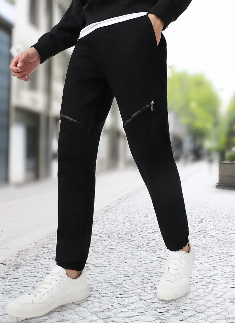 Urbano Fashion Men's Black Slim Fit Stretch Zippered Jogger Jeans